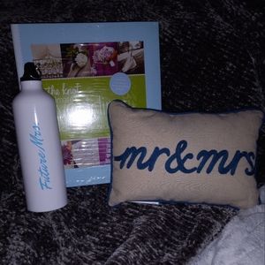 Wedding planner, Mr and Mrs pillow and a future Mrs water bottle